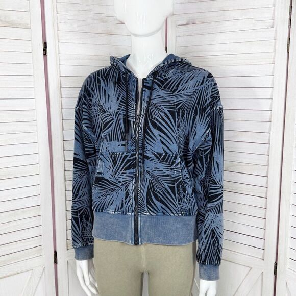 JoyLab Palm Leaf Print Full Zip Hoodie Jacket Distressed Blue XS - Picture 1 of 12